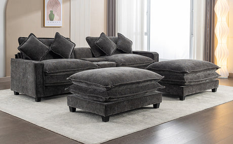 Modern Chenille Upholstered Sectional Sofa with Ottomans, USB Ports, Cup Holders, and Storage in Grey - sold by Home Elegance USA