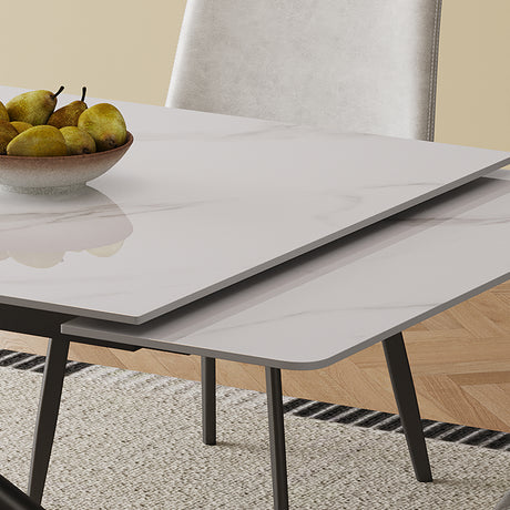 Modern Retractable Sintered Stone Dining Table Set with Black Carbon Steel Legs, Includes 8 Chairs - sold by Home Elegance USA