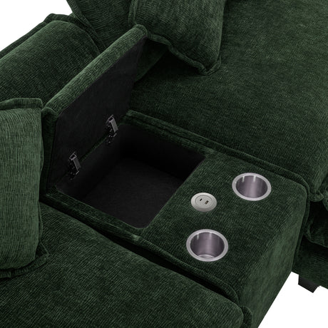 Chenille Upholstered 111' Sectional Sofa with Two Removable Ottomans, USB Ports, Cup Holders, and Storage, Green - sold by Home Elegance USA