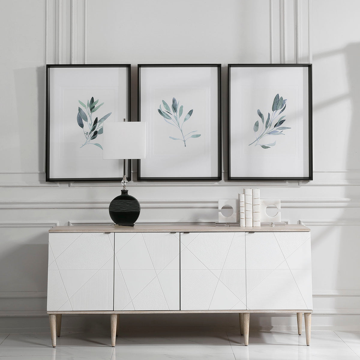 Simple Sage Watercolor Prints (Set of 3) - White / Green by Uttermost - View 2