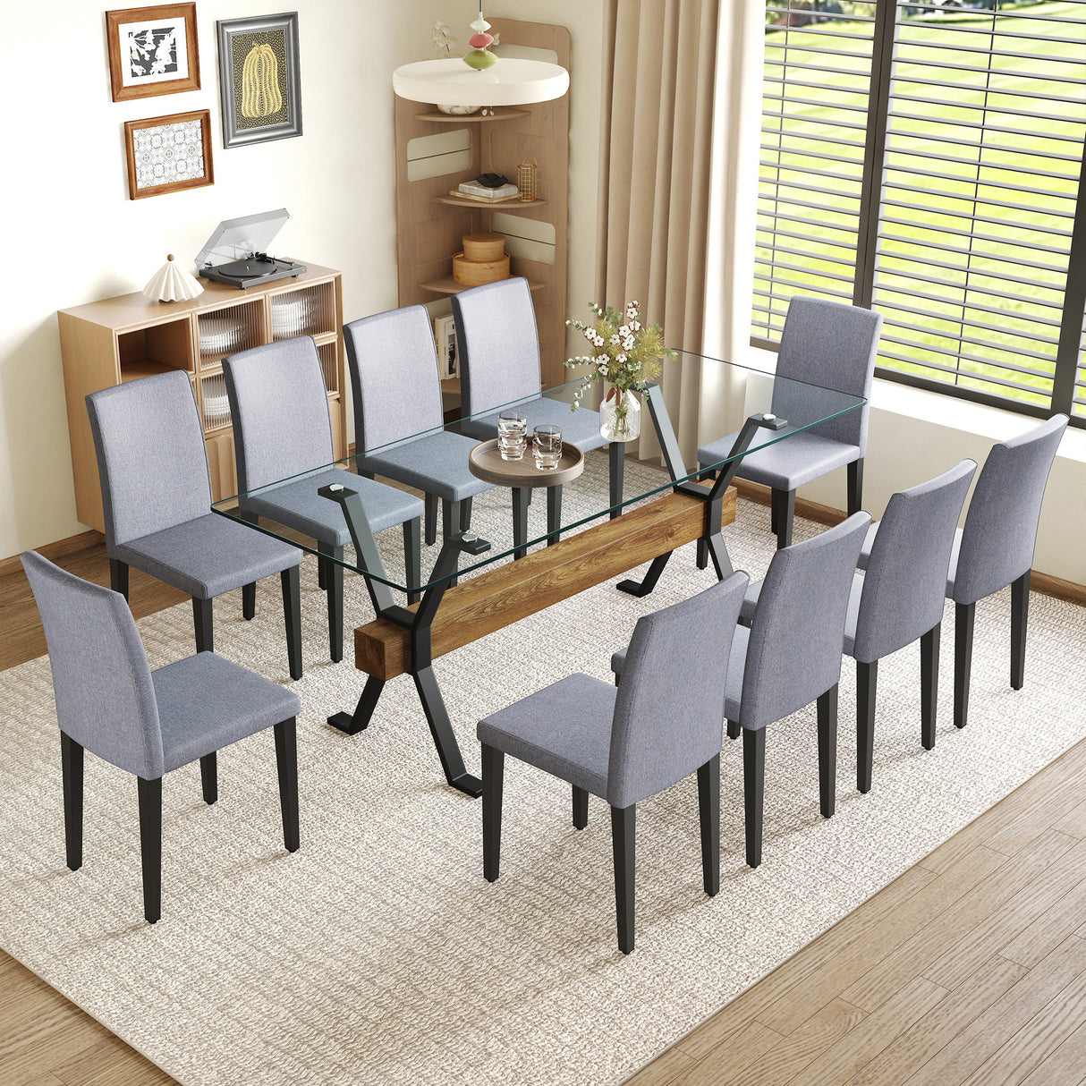 Table and chair set.79'x31.5' Inch Tempered Glass Tabletop With X-shaped Black Metal Table Legs,Wood Grain Textured MDF Crossbeam.Paired With 10 Light Gray Linen-Cotton Dining Chairs.