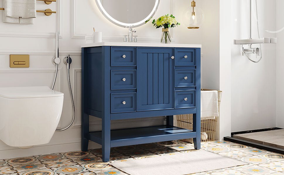 36" Bathroom Vanity with Sink Combo, One Cabinet and Three Drawers, Solid Wood and MDF Board, Blue - Bathroom Vanities - SY999505AAC - image - 12