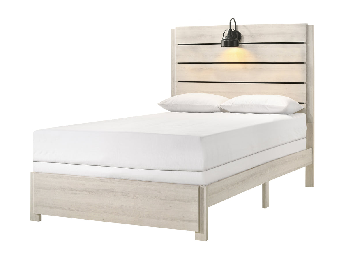 1pc Rustic Style Butcher Block Finish Weathered Cream White Finish Full Size Bed w/ Lamp Wooden Bedroom Furniture