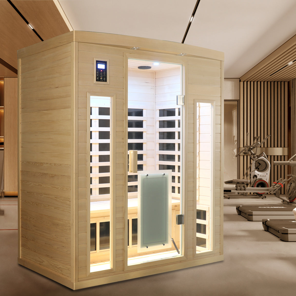 Bajo EMF, También hay una placa calefactora en la puerta de vidrio, Madera de cicuta, Sala de sauna interior de infrarrojos lejanos para tres personas