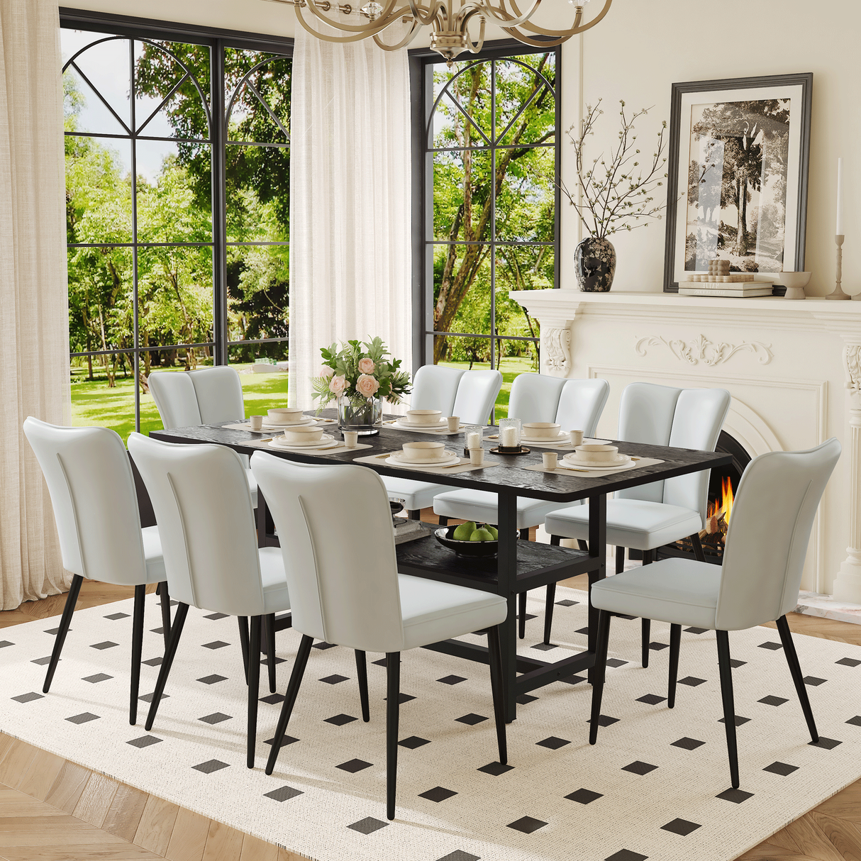 Juego de mesa y sillas. Mesa de comedor empalmada de grano negro de 71 x 35,4 pulgadas con función de almacenamiento en el medio de las patas. Combina con 8 sillas de PU gris claro con un diseño de rayas verticales en el respaldo.