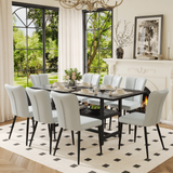 Juego de mesa y sillas. Mesa de comedor empalmada de grano negro de 71 x 35,4 pulgadas con función de almacenamiento en el medio de las patas. Combina con 8 sillas de PU gris claro con un diseño de rayas verticales en el respaldo.
