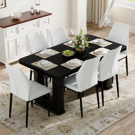 Table and chair set.64.5 x 35.4 Inch Stylish Black Wood Color Textured Dining Table.Paired with 6 Black - and - White PU Dining Chairs with Shell - pattern. Exudes A Strong Sense Of Fashion. - sold by Home Elegance USA