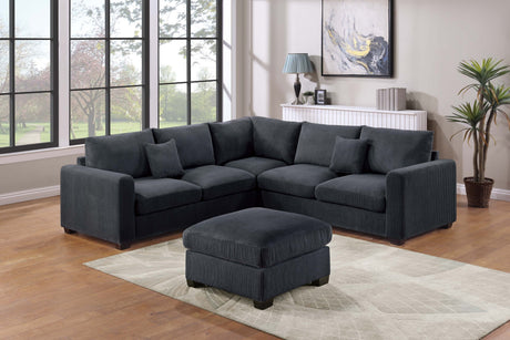 Modern Style L-Shaped 4pc Sectional Set Cocktail Ottoman Square Arms Throw Pillow Corduroy Upholstered Black Finish Primary Living Room - sold by Home Elegance USA