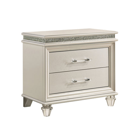 Crystal and Mirror Accents Nightstand with 2 Drawers, Pearl White