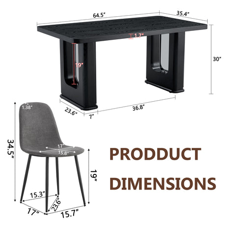 Table and chair set.64.5 x 35.4 Inch Stylish Black Wood Color Textured Dining Table.Paired with 6 Dark Gray Linen-Cotton Material High Resilience Dining Chair with Metal Leg. - sold by Home Elegance USA
