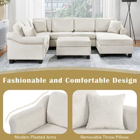 Contemporary U-shaped Sectional Sofa with Movable Storage Ottoman, White Chenille 111.8' - sold by Home Elegance USA