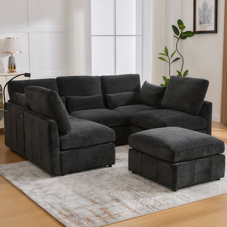 Modern Modular Sofa 85.4' U-shaped Sofa Bed with Movable Ottoman, USB Ports, Phone Holder, Black Chenille - sold by Home Elegance USA