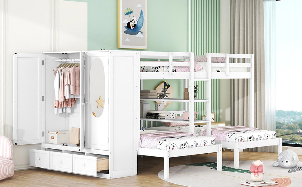 Full-Over-Twin-Twin Bunk Bed with Shelves, Wardrobe and Mirror, White - Home Elegance USA