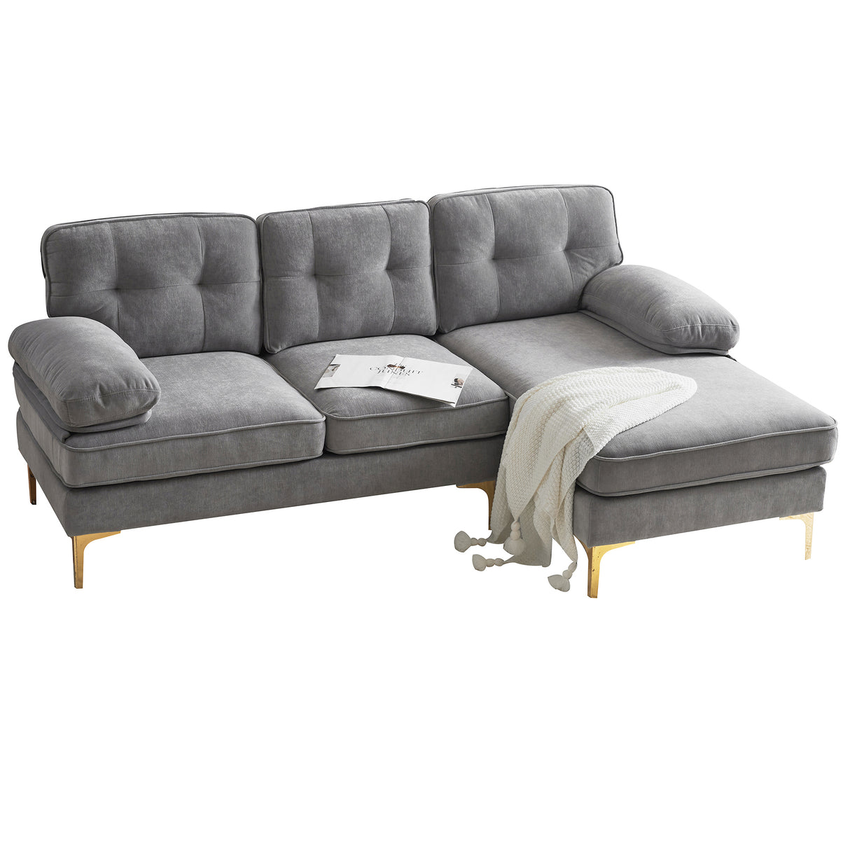 83" Modern Sectional Sofas Couches Velvet L Shaped Couches for Living Room, Bedroom, Light Grey - SG000980AAE - image - 11