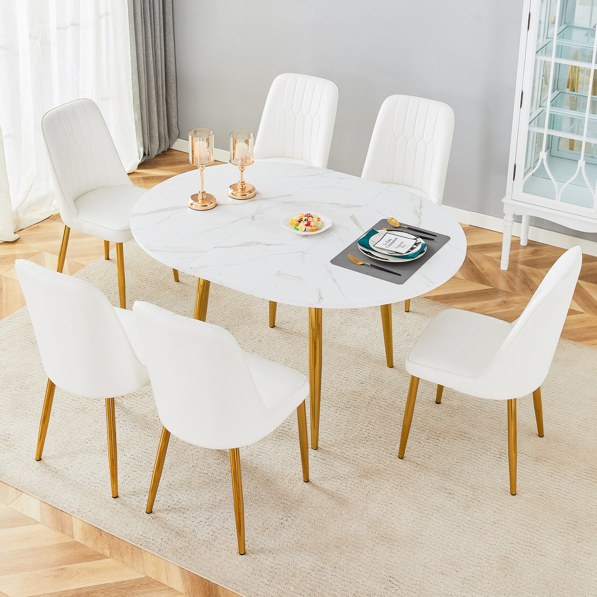 Table and chair set.Extendable MDF Dining Table.The pull-out table is suitable for gatherings of different size.Paired with 6 White PU Chairs with Simple Line Designs On The Backrest.