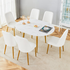 Table and chair set.Extendable MDF Dining Table.The pull-out table is suitable for gatherings of different size.Paired with 6 White PU Chairs with Simple Line Designs On The Backrest.