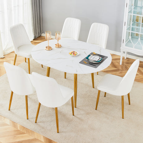 Table and chair set.Extendable MDF Dining Table.The pull-out table is suitable for gatherings of different size.Paired with 6 White PU Chairs with Simple Line Designs On The Backrest.