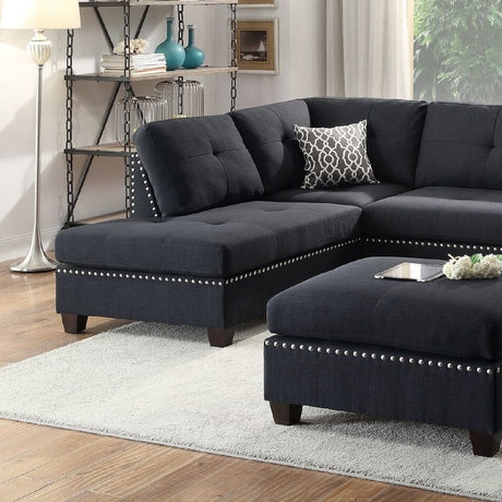 3-pcs Sectional Sofa Black Polyfiber Cushion Sofa Chaise Ottoman Reversible Couch Pillows - sold by Home Elegance USA