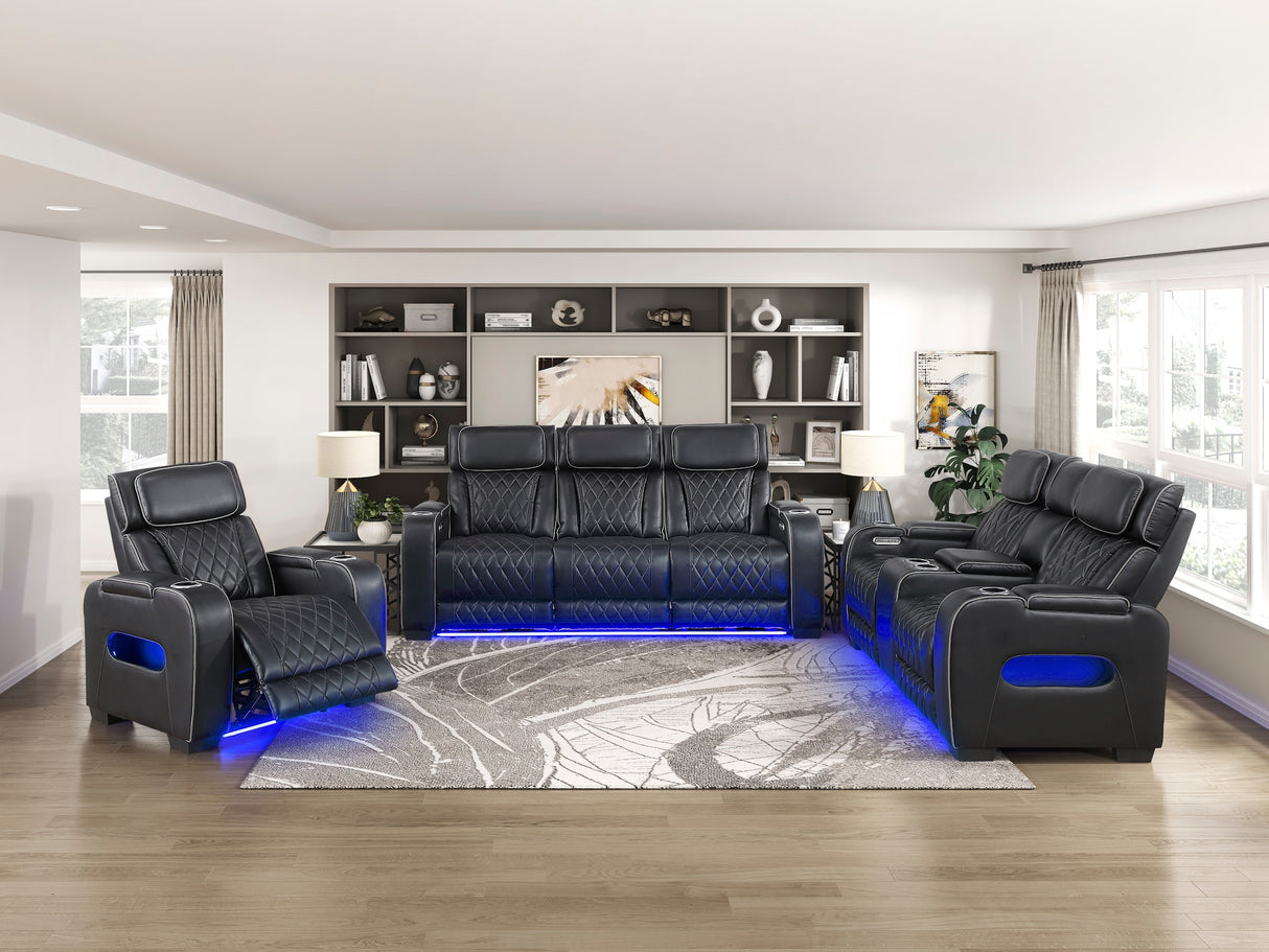 Fairway 3-Piece Power Reclining Sofa, Loveseat & Chair Set in Black Faux Leather | Homelegance