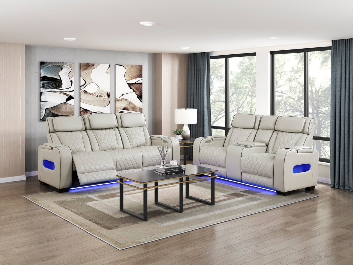 homelegance fairway power reclining sofa and loveseat taupe leather 9516TPE-3PWH and 9516TPE-2PWH room view
