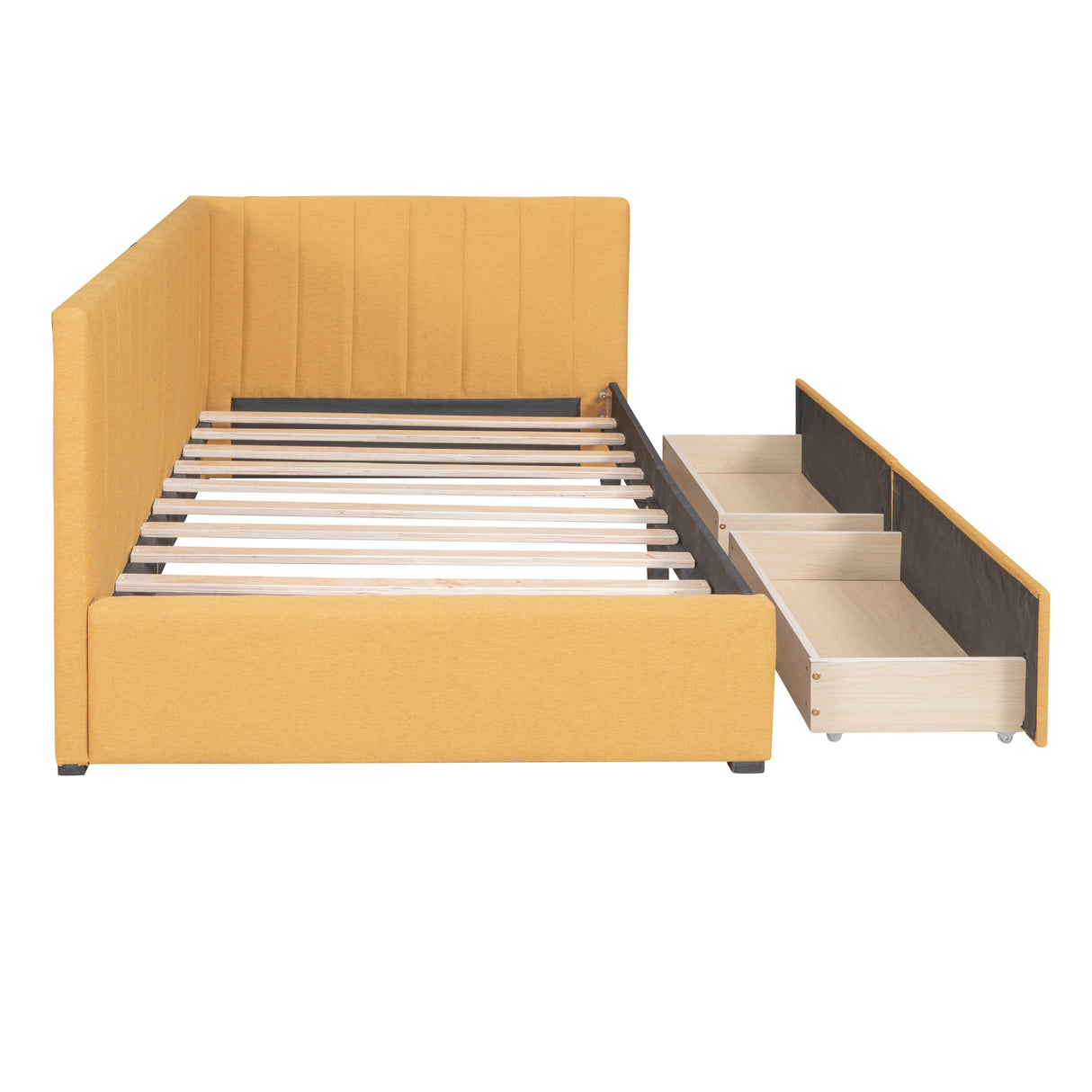 Upholstered Daybed with 2 Storage Drawers Twin Size Sofa Bed Frame No Box Spring Needed, Linen Fabric (Yellow) - Home Elegance USA