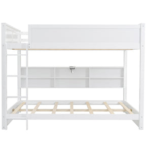 White Queen over Queen Bunk Bed with Storage Cabinets and USB Ports, Pine Wood+MDF