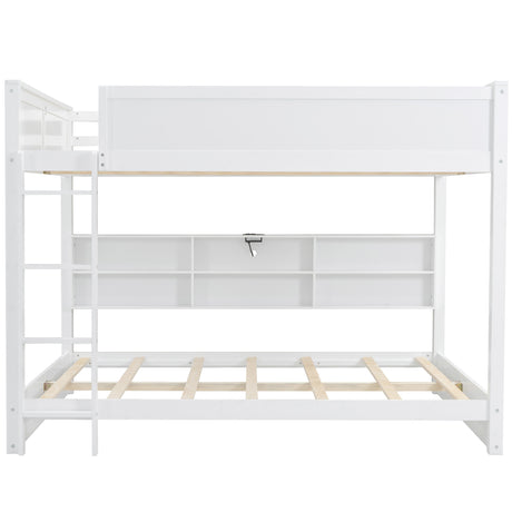 White Queen over Queen Bunk Bed with Storage Cabinets and USB Ports, Pine Wood+MDF
