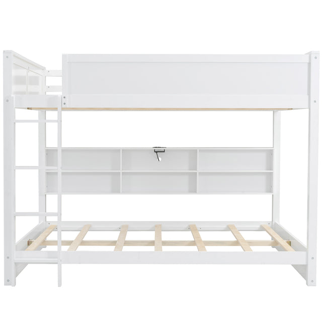 White Queen over Queen Bunk Bed with Storage Cabinets and USB Ports, Pine Wood+MDF