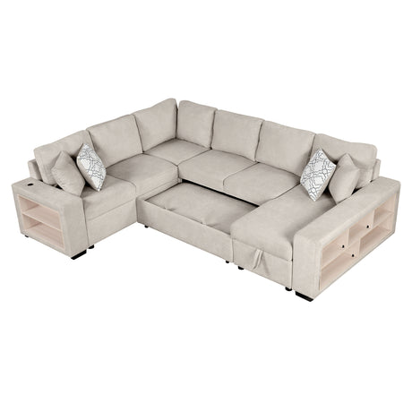 Beige Chenille U-Shaped Sectional Sofa with Pull-out Bed, USB Ports, Storage Chaise & Back Pillows - sold by Home Elegance USA