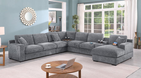Chiara 141.5'W Light Gray Chenille Fabric Corner Sectional Sofa with Right-Facing Chaise, Cupholders, and Charging Ports - sold by Home Elegance USA