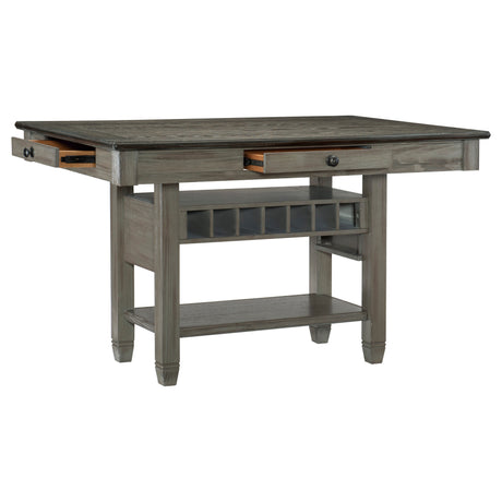 Antique Gray Dining Furniture Counter Height Table w Drawers Wine Rack Shelf and 4x Counter Height Chairs 5pc Dining Set Classic Style - sold by Home Elegance USA