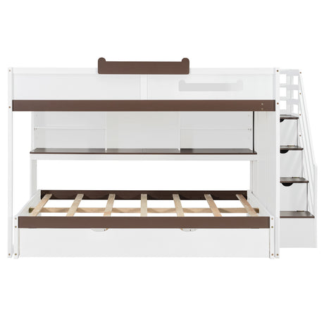 Full Over Full Bunk Bed with Twin Size Trundle and Staircase, Shelves, LED,White - sold by Home Elegance USA