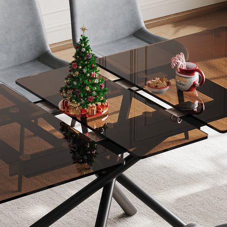 59-inch Expandable Dining Table Set with 8 Gray Ergonomic Chairs, Black Sandblasted Glass Top & X-Base, 4-6 Seater Modern Dining Set for Small Spaces, Kitchen and Apartment - sold by Home Elegance USA