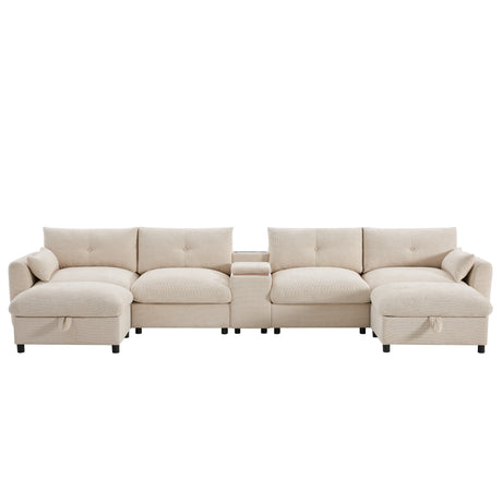 136'' Modular Sectional Sofa with Console, Cup Holder, USB Charger, Movable Storage Ottoman, Pull-line&Tufted Design, U-Shaped Oversized Chenille Sofa for Living Room&Apartment,2 Colors - sold by Home Elegance USA