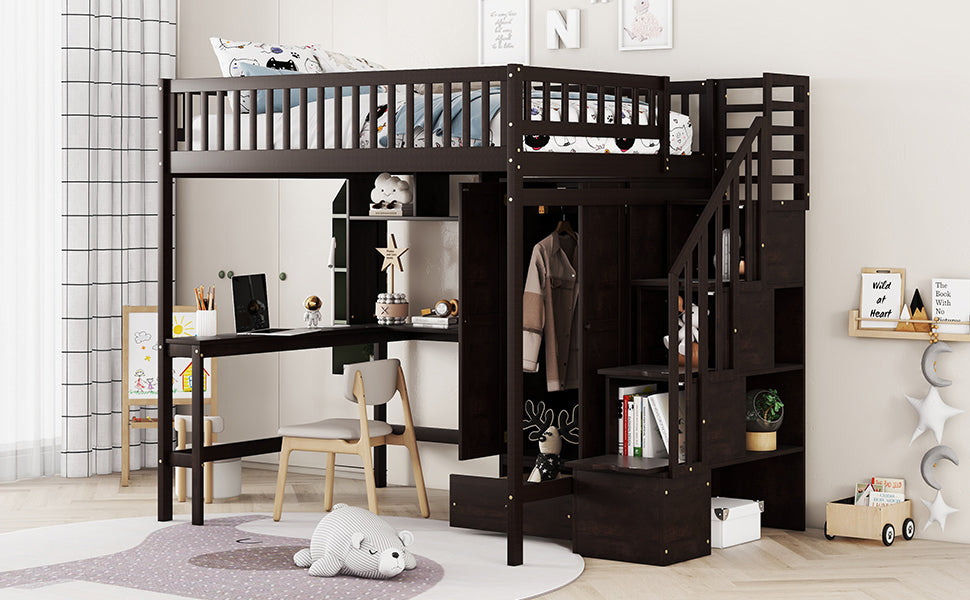 Full size Loft Bed with Bookshelf,Drawers,Desk,and Wardrobe-Espresso - Home Elegance USA