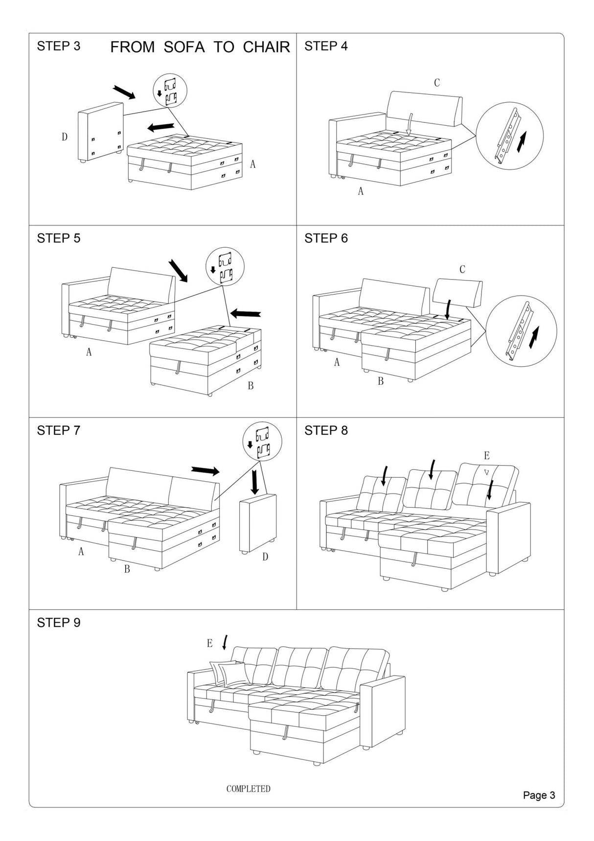 Ash Black Convertible Sectional Pull Out Bed Sofa Chaise Reversible Storage Chaise Polyfiber Tufted Couch Lounge | Home Elegance USA