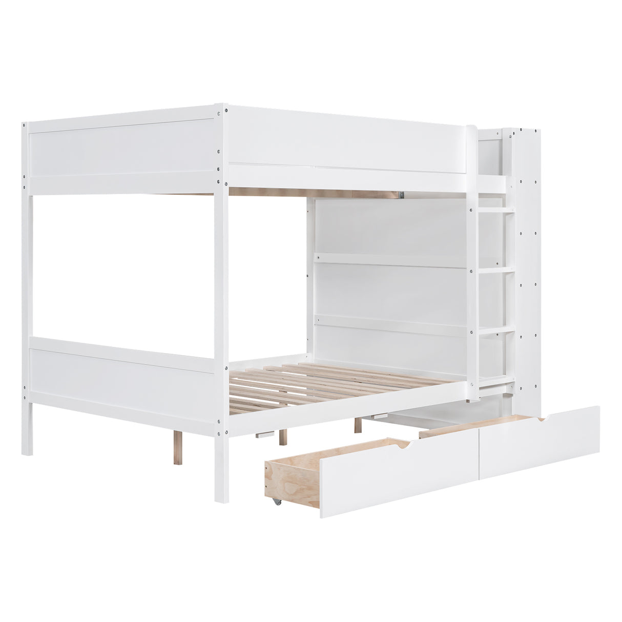 Full over Full Bunk Bed With 2 Drawers and Multi-layer Cabinet, White - Home Elegance USA