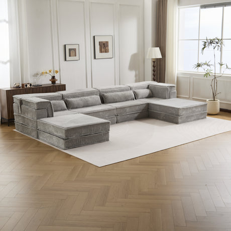 Compression Mahjong Sofa,Convertible Floor Sofa Bed,DIY Boneless Modular Sectional Sofa,No Assembly Required,Circle fleece fabric,Oversized 4 Seater with 2 Ottoman,Light-grey - sold by Home Elegance USA