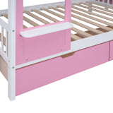 Full-Over-Full Castle Style Bunk Bed with 2 Drawers 3 Shelves and Slide - Pink - Home Elegance USA