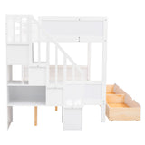 Twin over Full Bunk Bed with Shelfs, Storage Staircase and 2 Drawers, White - Home Elegance USA