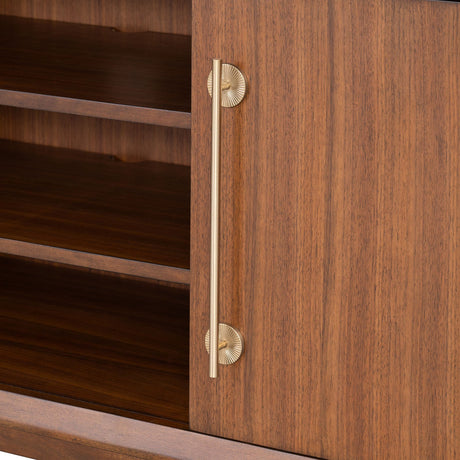 Mid-Century Modern TV Stand Gold Capped Legs Adjustable Shelves Walnut Finish - sold by Home Elegance USA