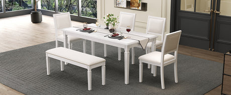 TREXM Vintage Extendable Dining Table Set for 6 with 4 Chairs & Bench, 59 to 72-Inch Rustic Farmhouse Kitchen Table Set with Distressed Finish and Retro Carved Legs (Washed White) - sold by Home Elegance USA