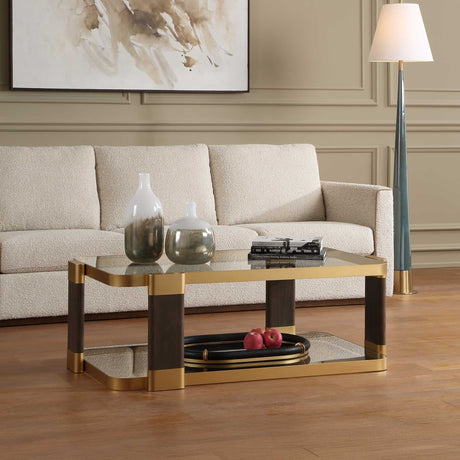 Ryles Glass Coffee Table Brass / Brown / Woodtone - Gold / Dark Brown by Uttermost - View 3