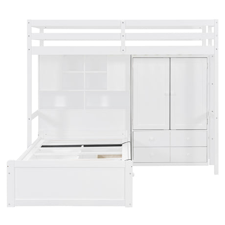 Twin Bunk Bed with Drawers, Wardrobe, Storage Shelves and Hydraulic Bed,White - sold by Home Elegance USA