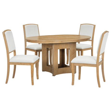 TOPMAX Farmhouse Extendable Round Dining Table Set for 4, 5-Piece Kitchen Table Set with 4 Upholstered Chairs and 16inch Removable Leaf for Small Places, Natural+Beige - sold by Home Elegance USA