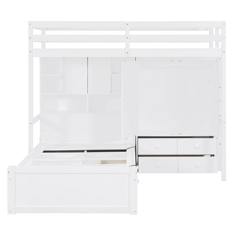 Twin Bunk Bed with Drawers, Wardrobe, Storage Shelves and Hydraulic Bed,White - sold by Home Elegance USA