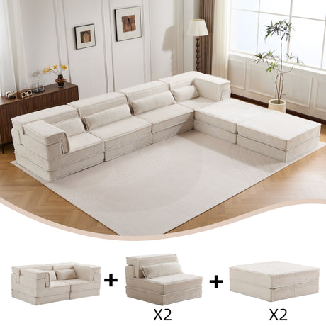 Compression Mahjong Sofa,Convertible Floor Sofa Bed,DIY Boneless Modular Sectional Sofa,No Assembly Required,Circle fleece fabric,Oversized 4 Seater with 2 Ottoman,White - sold by Home Elegance USA