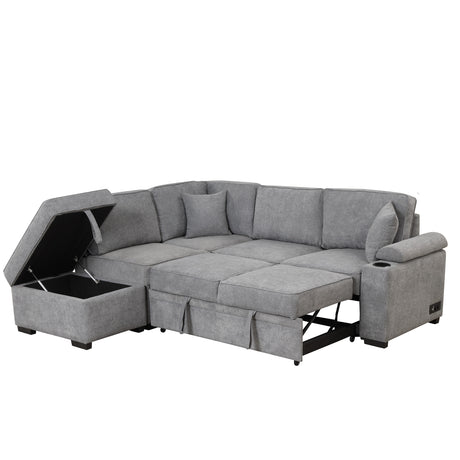 Modern Sleeper Sofa Bed with Storage Ottoman, Gray Linen, 84.75' L Shape Couch for Living Room or Apartment - sold by Home Elegance USA