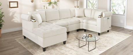 Modern U-shaped Sectional Sofa 115.7' with Built-in Cup Holders, Storage, USB Ports in Beige Chenille Fabric - sold by Home Elegance USA