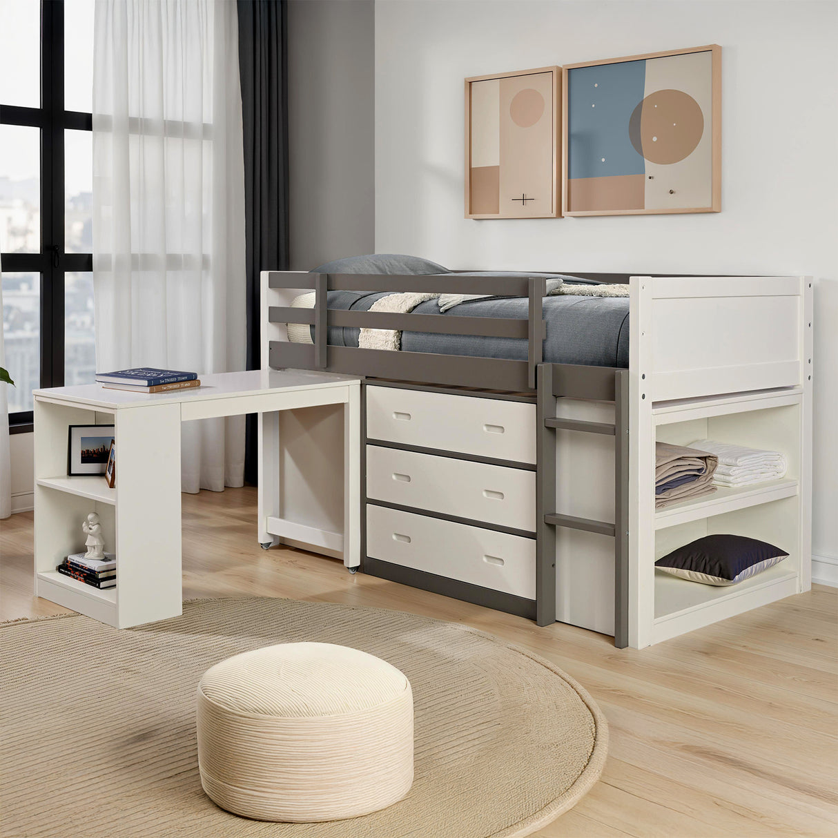 Contemporary Style Twin Bunk Bed Open Shelves Nesting Desk 3 Drawers White And Gray Finish Bedroom Furniture - sold by Home Elegance USA